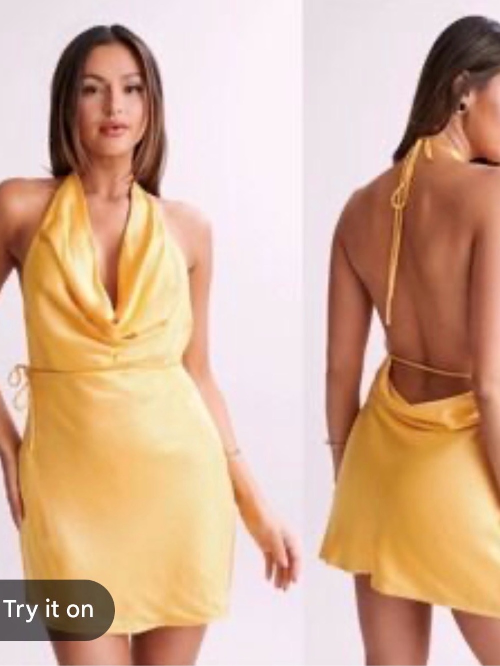 Meshki - Satin Halter Cowl Neck Mini Dress - Yellow